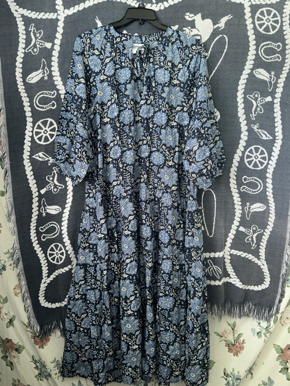 Apiece Apart Navy and Light Blue Floral Tiered Dress